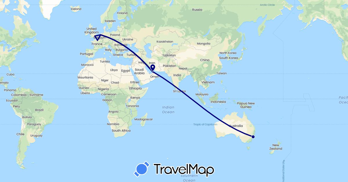 TravelMap itinerary: driving in United Arab Emirates, Australia, France, United Kingdom, Netherlands (Asia, Europe, Oceania)